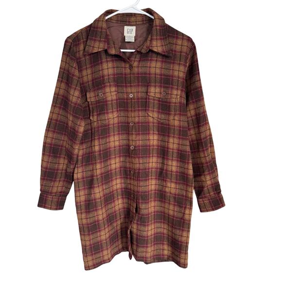 GAP Wool Flannel‎ Vintage Duster Length Leather Elbow Patches Sz Medium Shacket - Picture 1 of 4